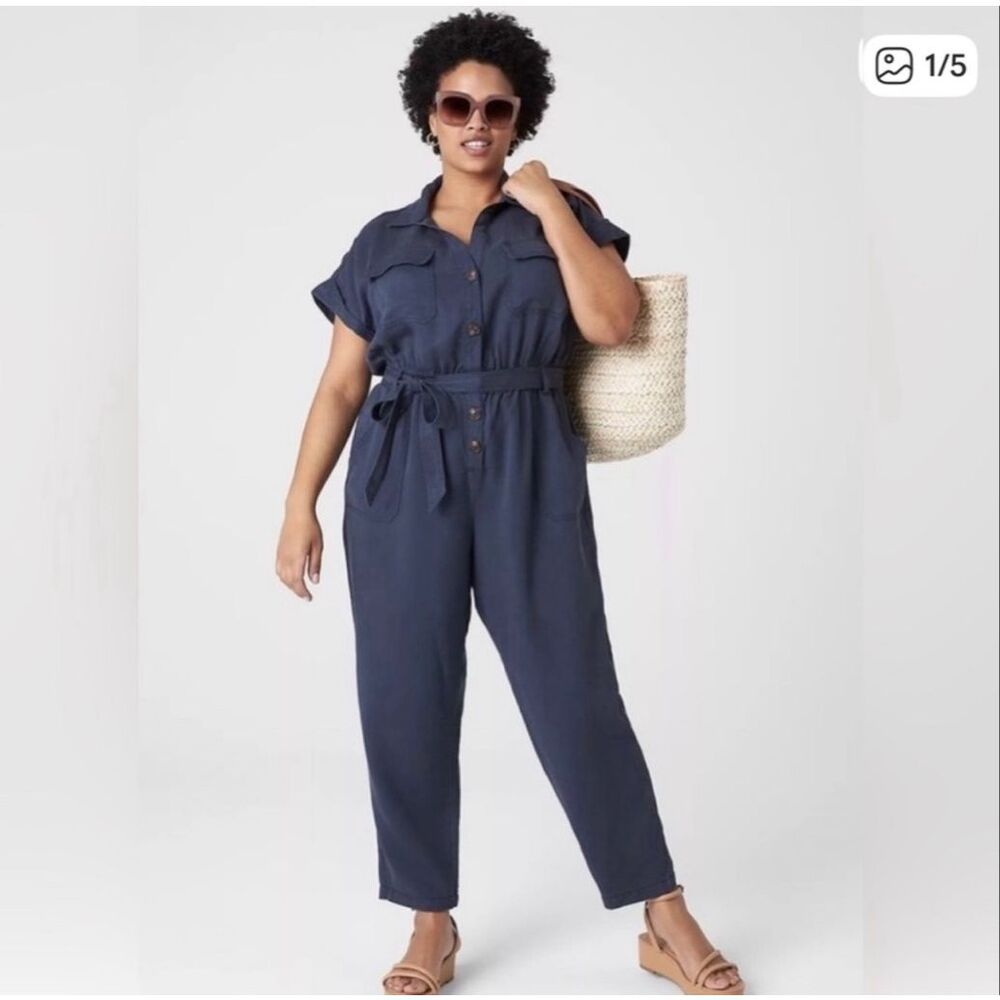 Lane Bryant Navy Short-Sleeve Utility Belted Jumpsuit Button Front Lyocell 20L